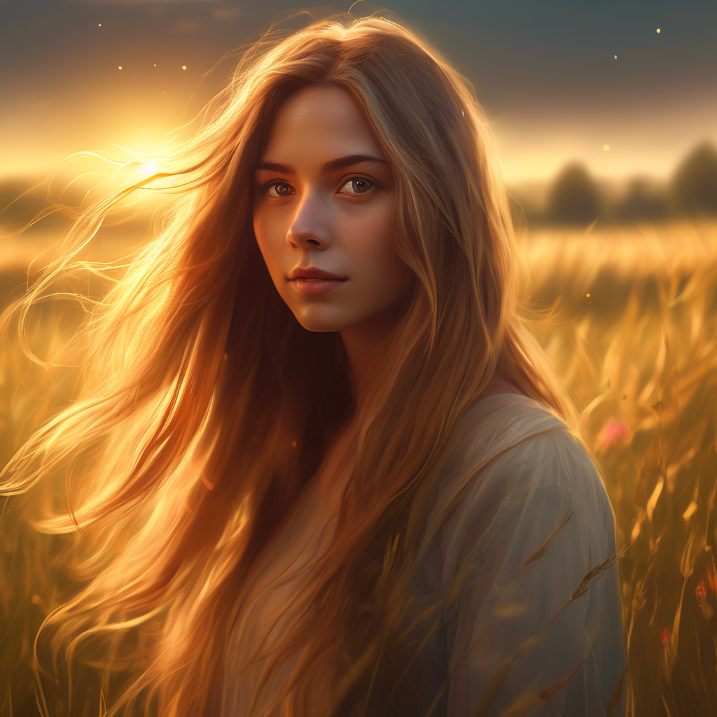 A beautiful girl with long flowing hair, standing in a meadow during golden hour, the sunlight softly illuminating her face, captured with a 4K ultra-wide lens, shallow depth of field, and cinematic color grading.