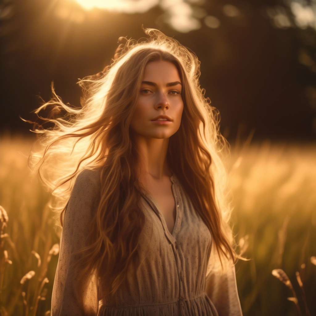 A beautiful girl with long flowing hair, standing in a meadow during golden hour, the sunlight softly illuminating her face, captured with a 4K ultra-wide lens, shallow depth of field, and cinematic color grading.