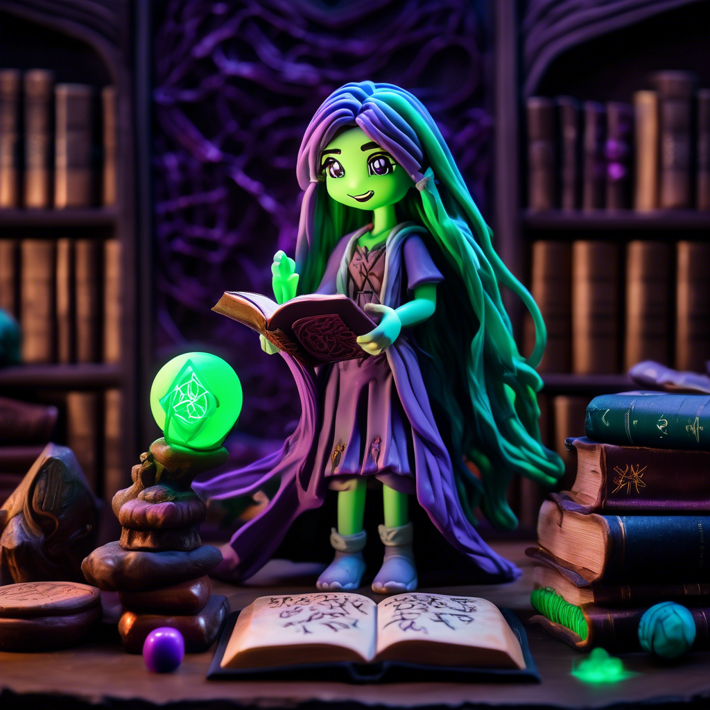 "Mystical Anime Girl with a Spellbook" An anime girl with glowing green eyes and long purple hair, holding an ancient spellbook with magical runes floating around her. The background is a dark, mystical library. Rendered in 8K with soft, glowing lighting.