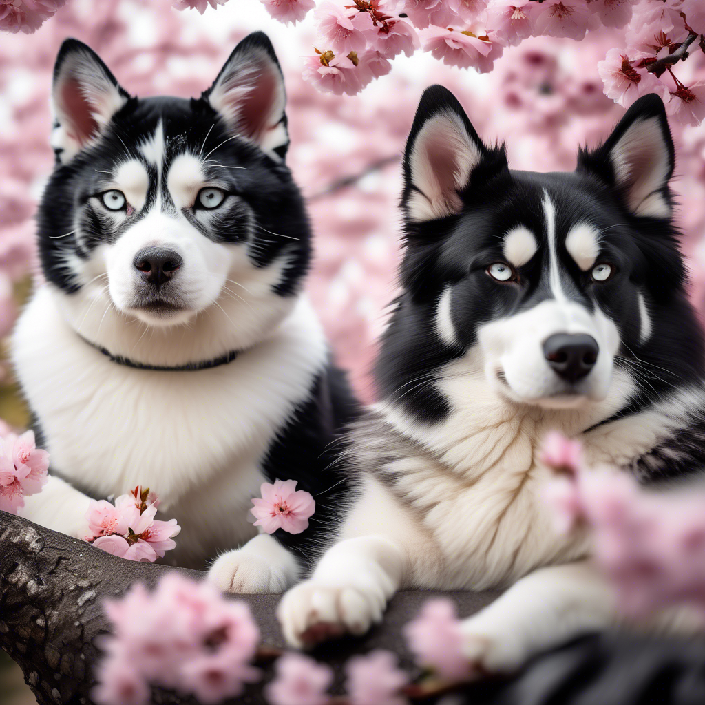 A black and white tuxedo cat and a Siberian husky sitting peacefully under a blooming cherry blossom tree, captured in 8K with vibrant colors and a shallow depth of field.