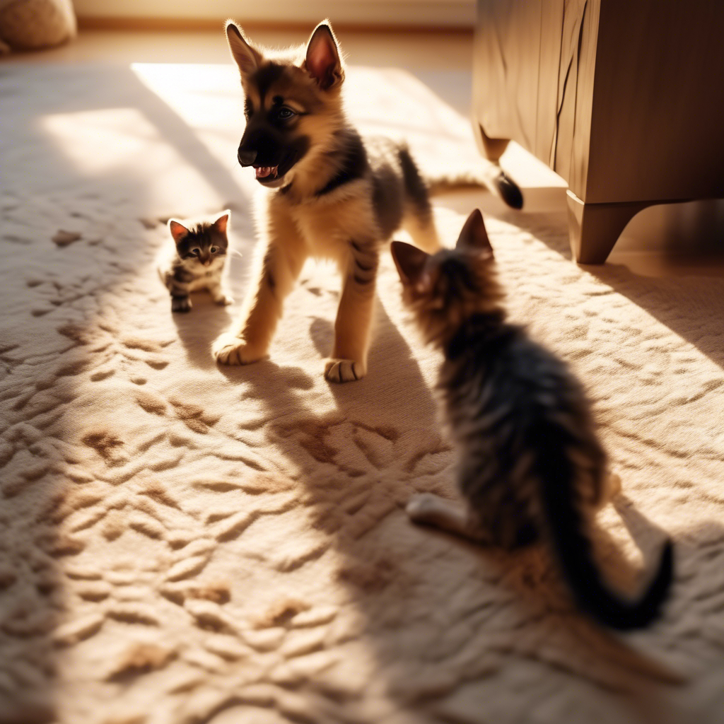 A mischievous kitten and a German shepherd playing together in a sunlit living room, captured in 4K with dynamic camera angles and soft shadows.