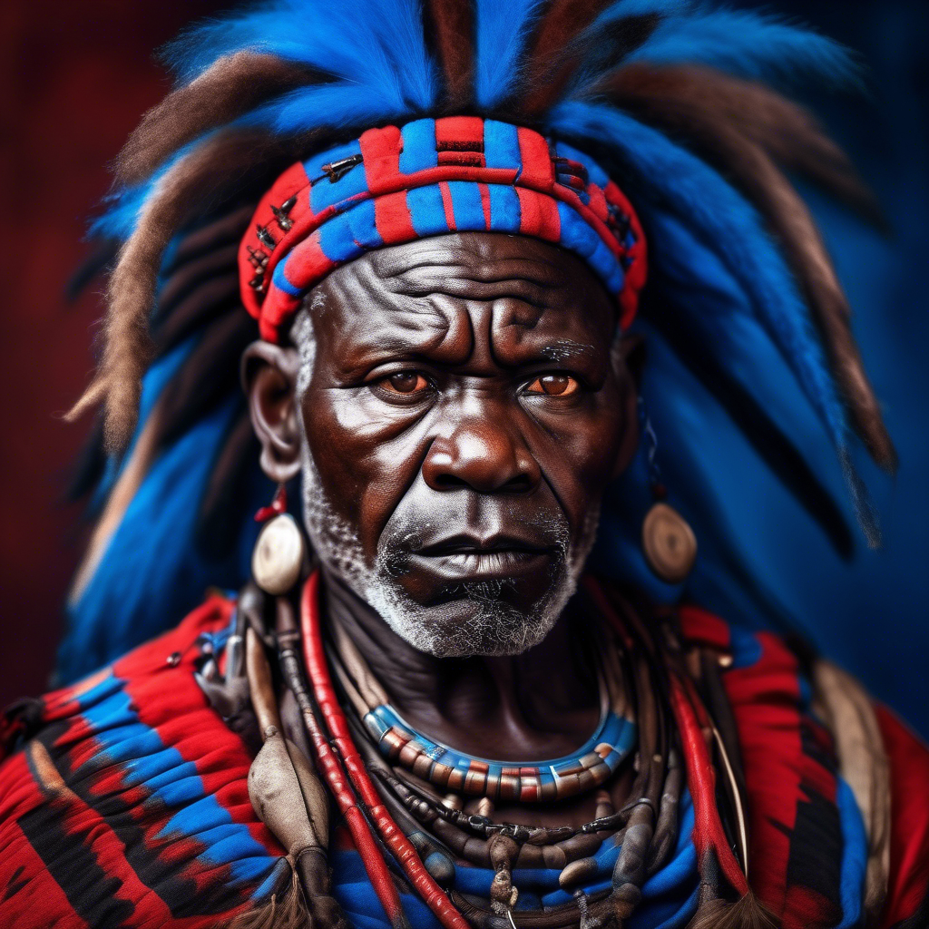 portrait photo of a african old warrior chief, tribal panther make up, blue on red, side profile, looking away, serious eyes, 50mm portrait photography, hard rim lighting photography--beta the photo must be real