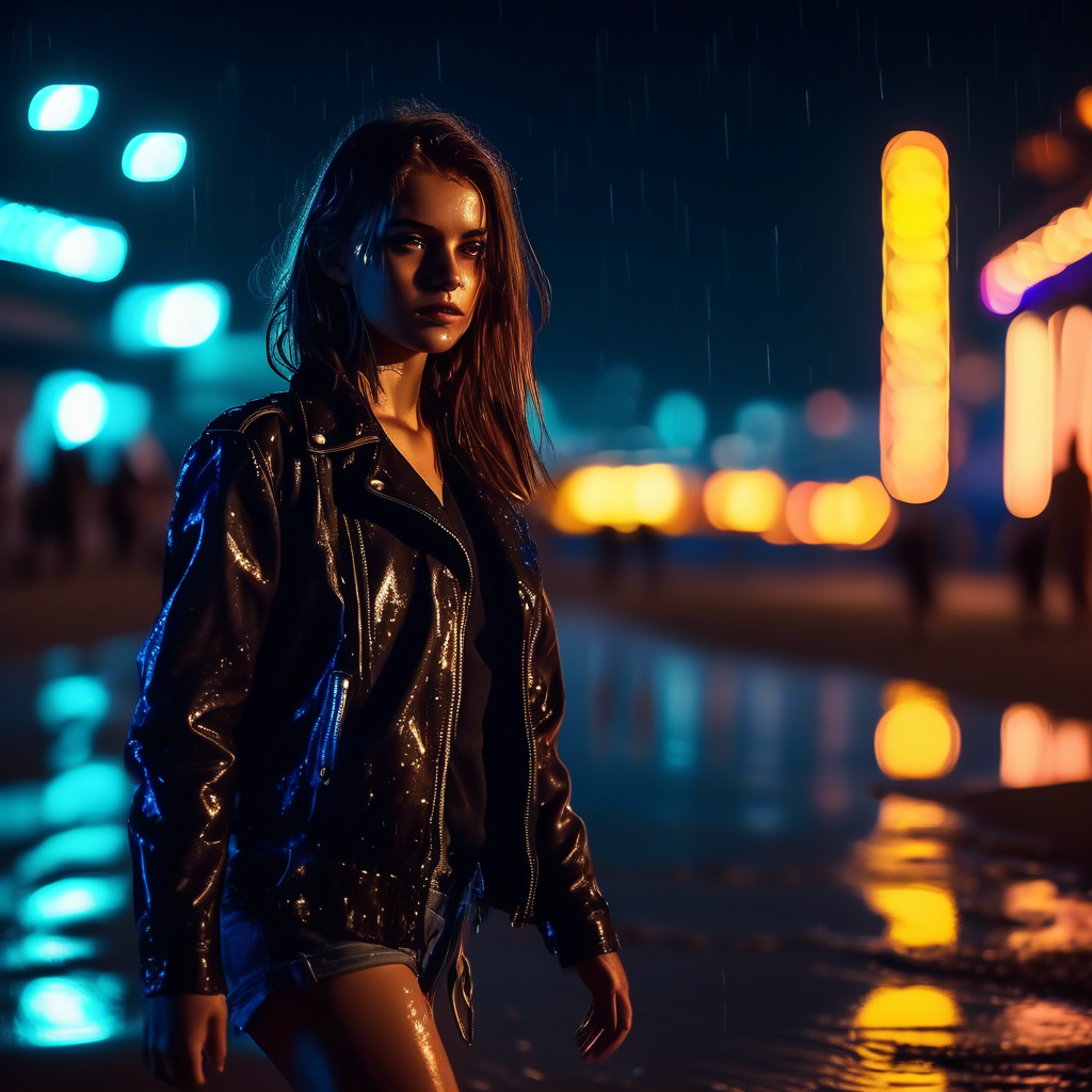 A confident girl in a leather jacket walking on a beach at night, neon lights reflecting off the wet sand, captured in 4K with a 50mm lens and dramatic lighting.