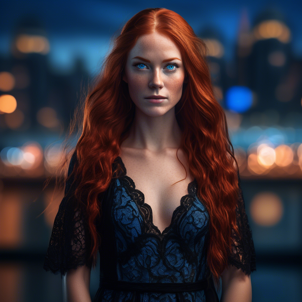 A striking portrait of a woman of culture with long, flowing red hair and piercing blue eyes, wearing a sleek black gown with intricate lace details. She stands against a blurred background of sparkling city lights at dusk. Captured in 8K resolution with a 50mm lens, soft bokeh, and warm, soft lighting highlighting her face and hair. The mood is sophisticated and intimate.
