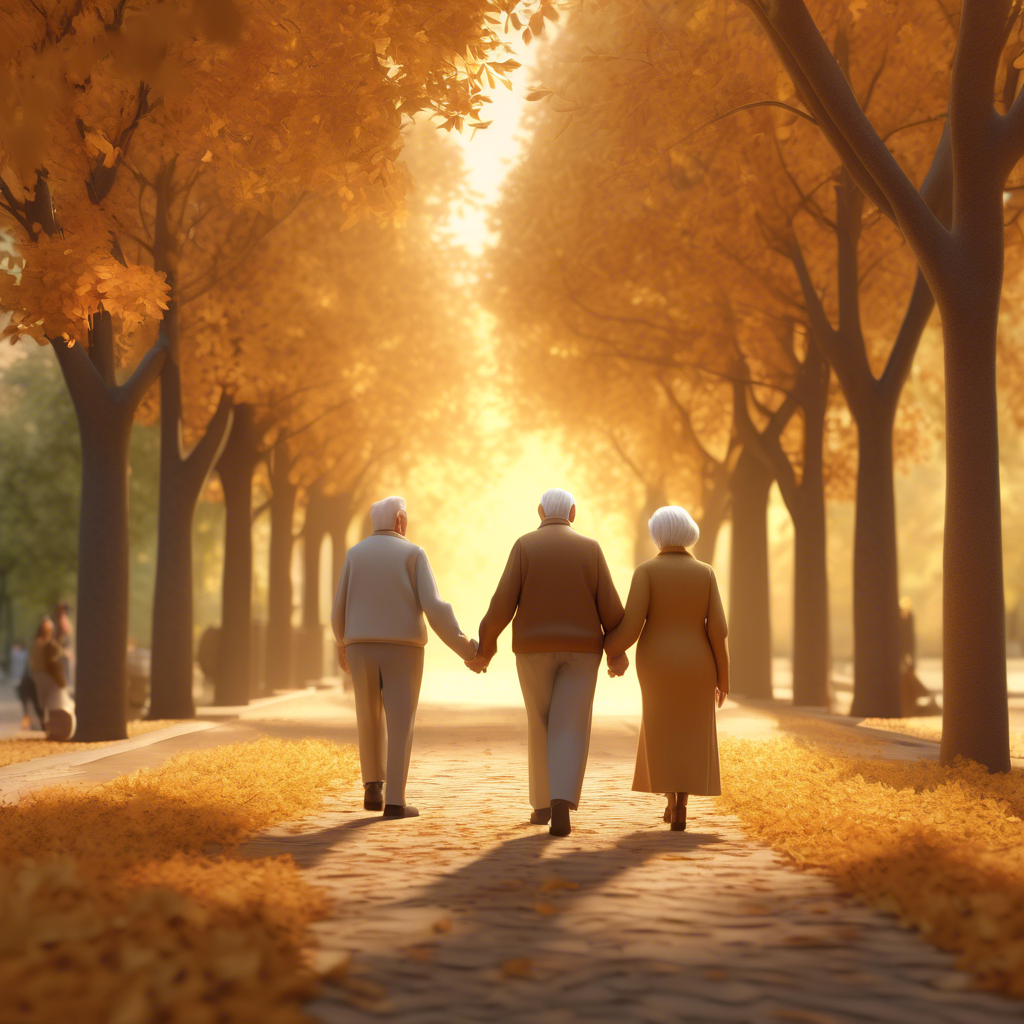 "Senior Couple Walking in a Park" An elderly couple holding hands, walking down a tree-lined path with autumn leaves covering the ground. The scene is serene, with soft golden-hour lighting in 8K resolution.