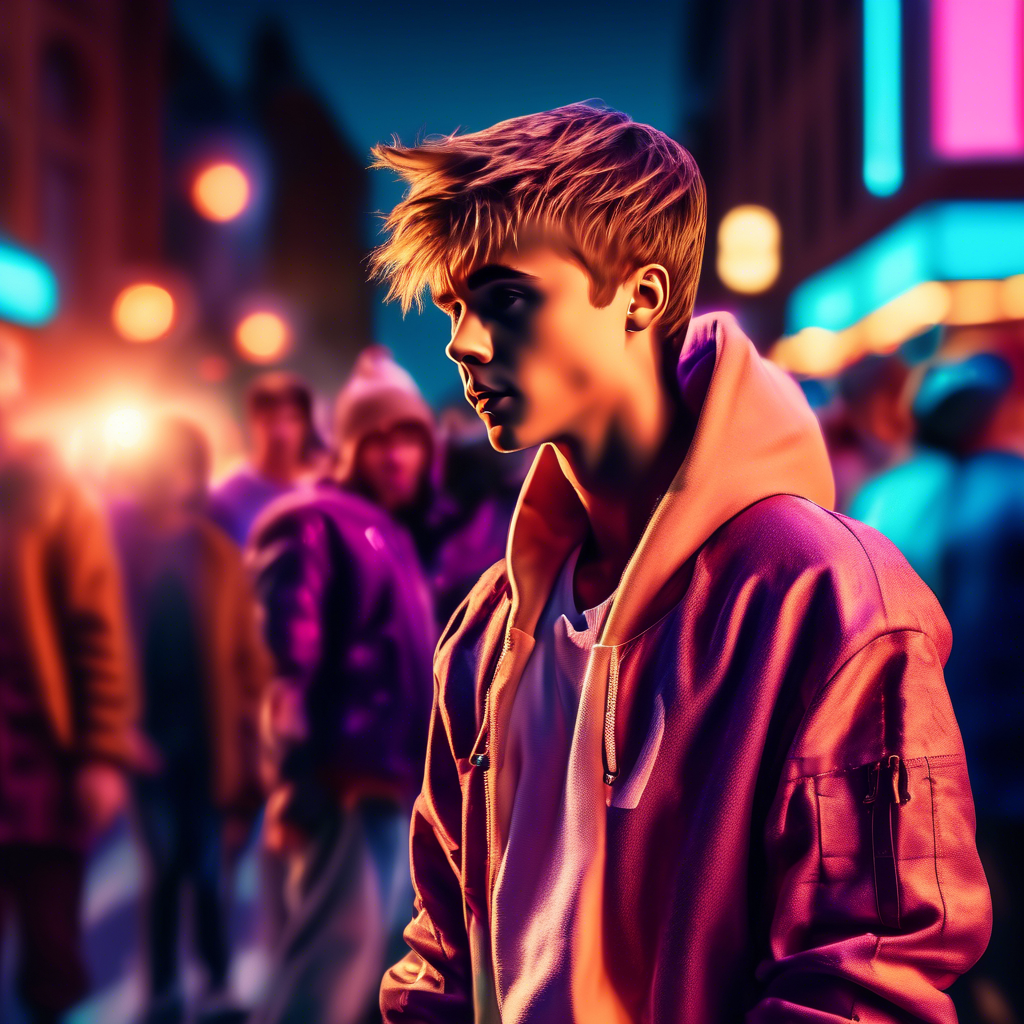 justin beiber performing on a bustling urban street at sunset. The background features blurred pedestrians and glowing shop lights. Captured in 8K with a cinematic lens, vibrant color tones, and dynamic lighting.