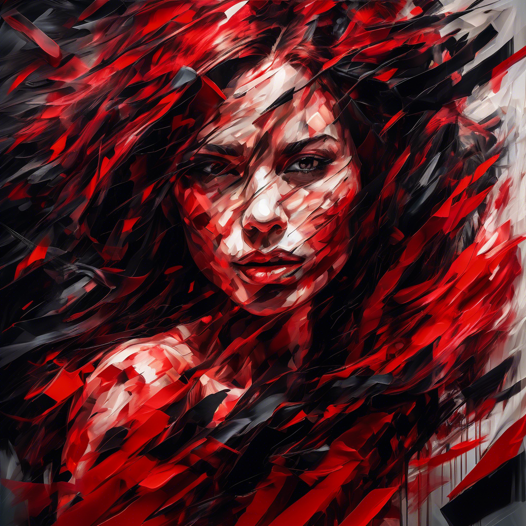 abstract female portrait,undefined hair,red and black color palette,blurred boundaries,upper body,fragmented visual style,evokes feelings of rebellion and passion