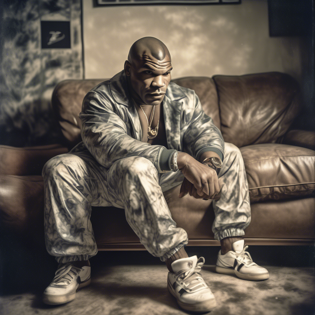 Fashion photography of a Mike Tyson dressed in large hiphop clothes from 1980s , wearing sneakers , Sony Alpha α7, ISO1900, volumetric lighting,