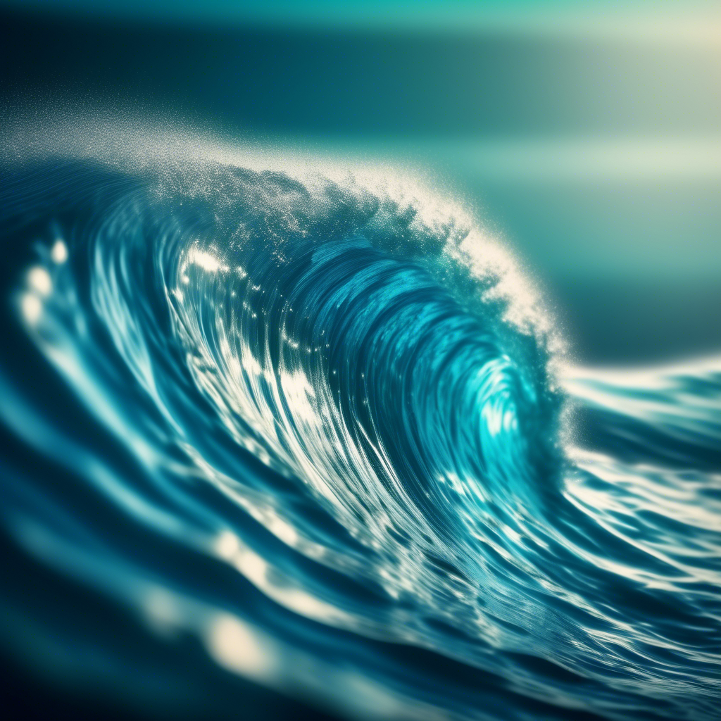 A mesmerizing ocean wave curling in perfect Fibonacci formation, with shimmering blue and turquoise hues.