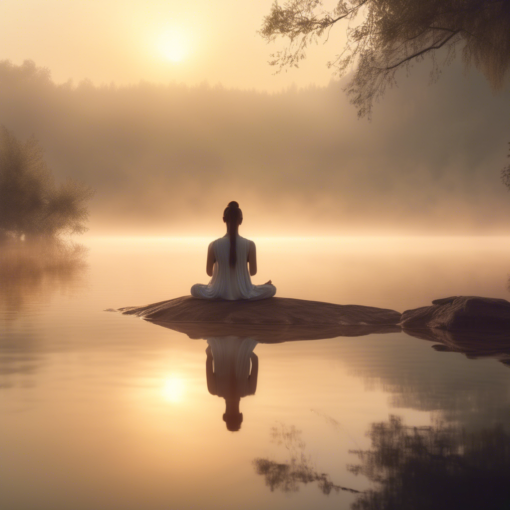 A serene girl meditating by a tranquil lake at sunrise, the mist hovering above the water, captured in 4K with an ultra-wide lens and warm, natural tones.