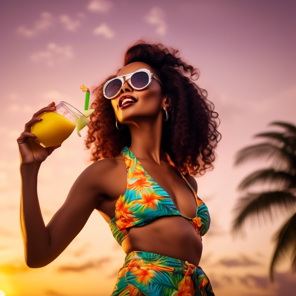 a famous female pop artist dressed in tropical beachwear and aviator sunglasses, sipping a coconut drink under a sunset sky, captured with Fujifilm GFX100, ISO200, vibrant color