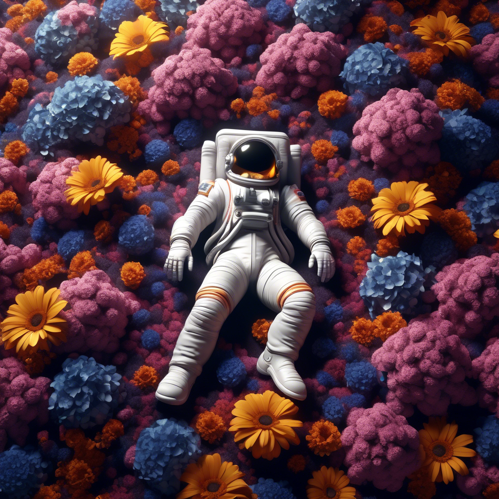 astronaut laying in flowers, top view, cinematic, dark light, beautiful colors, detailled, 4k