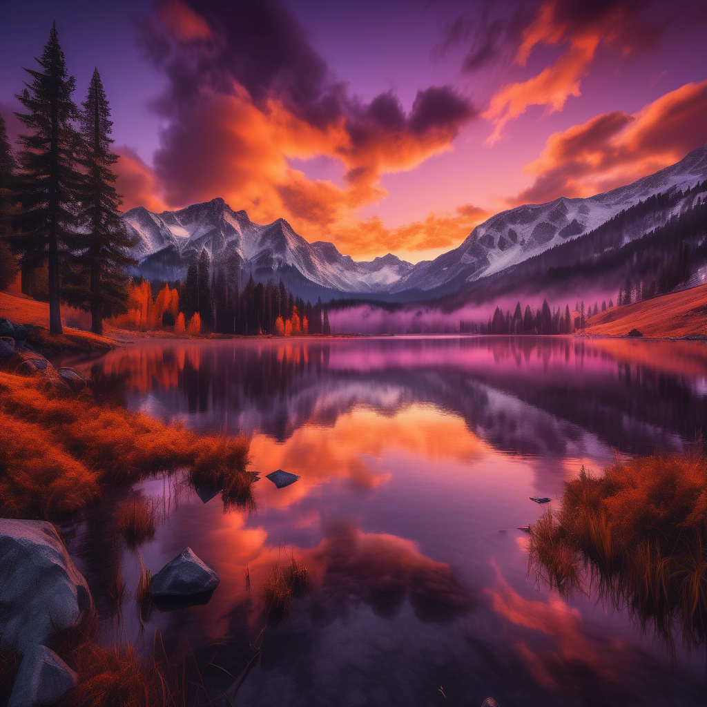 A breathtaking view of snow-capped mountains under a vivid orange and purple sunset, with a pristine lake reflecting the peaks. The scene includes lush pine trees in the foreground and mist rolling over the hills. Captured in 8K resolution with HDR lighting, a wide-angle 24mm lens, and vibrant color grading. The mood is serene and awe-inspiring.