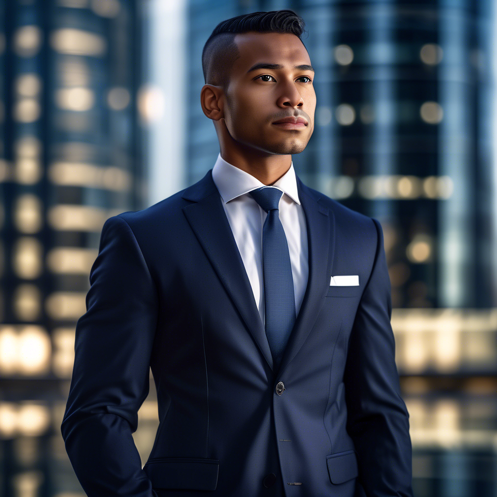 A professional portrait of a confident ethnic man in a tailored navy suit with a crisp white shirt and subtle tie, standing in front of a glass skyscraper. The background is blurred, and the lighting is soft and natural. Captured in 8K with a 50mm lens, shallow depth of field, and HDR detail.
