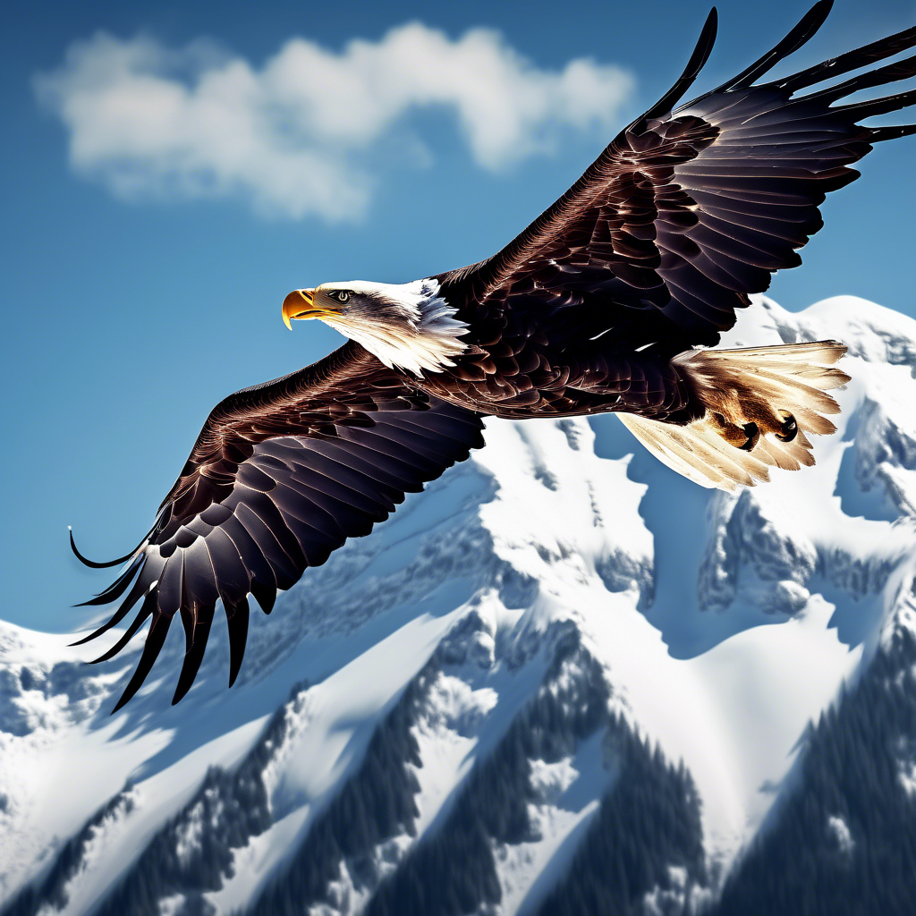 "Majestic Bald Eagle in Flight" A close-up of a bald eagle soaring over a mountain range, with its wings fully extended and feathers sharply detailed. The background features a clear blue sky and snowy peaks. Rendered in 8K with high contrast and dramatic lighting.