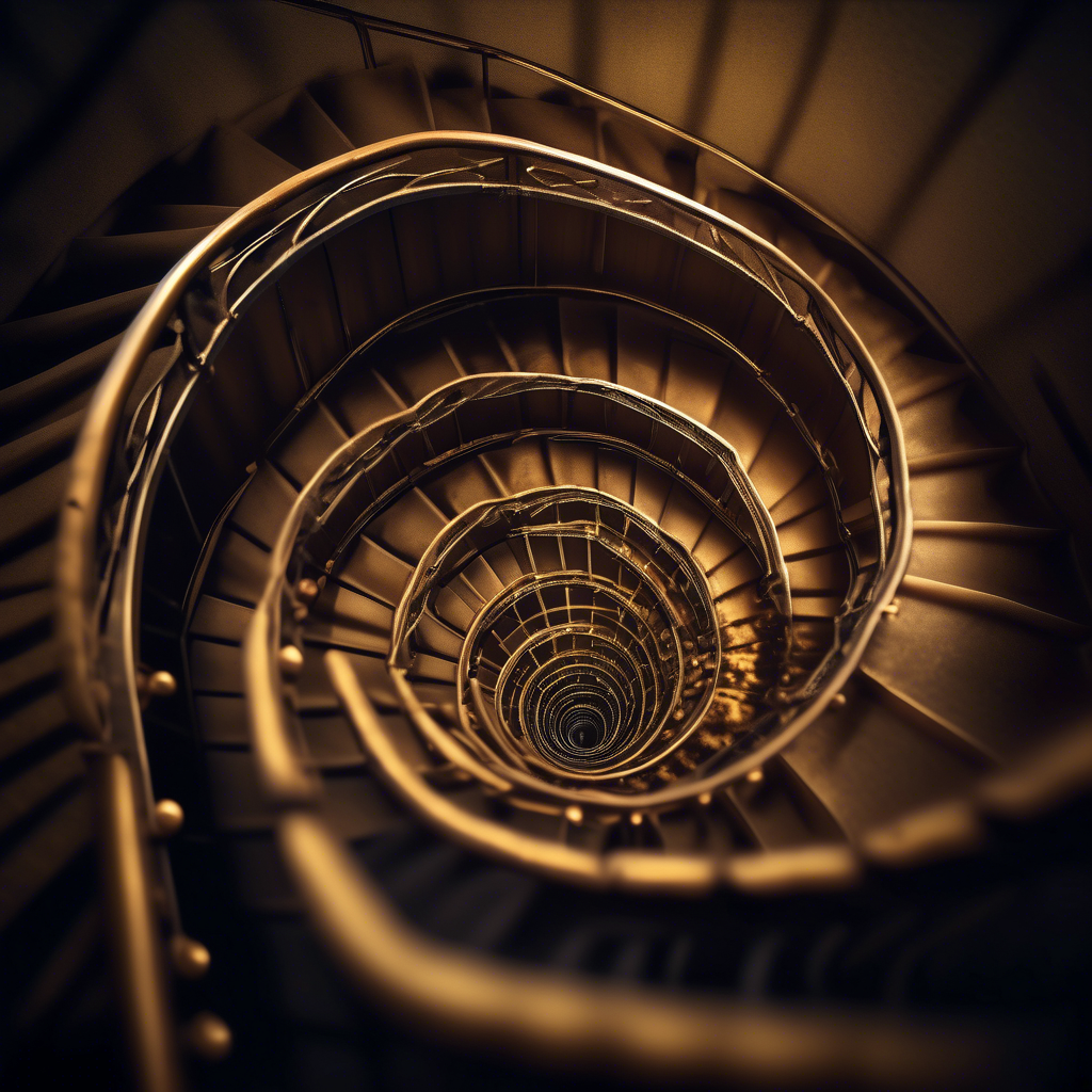 A magical spiral staircase winding upwards infinitely, with each step glowing in harmonious golden ratio proportions.