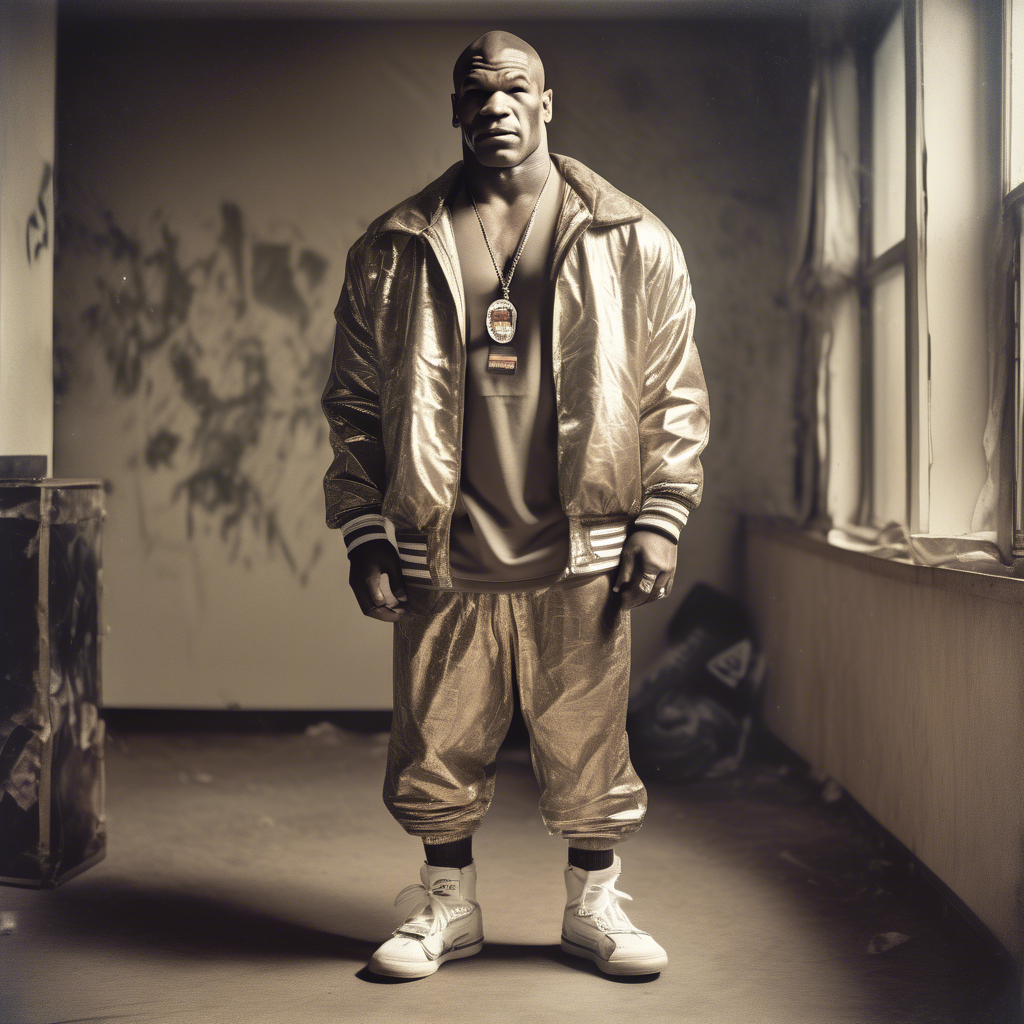 Fashion photography of a Mike Tyson dressed in large hiphop clothes from 1980s , wearing sneakers , Sony Alpha α7, ISO1900, volumetric lighting,