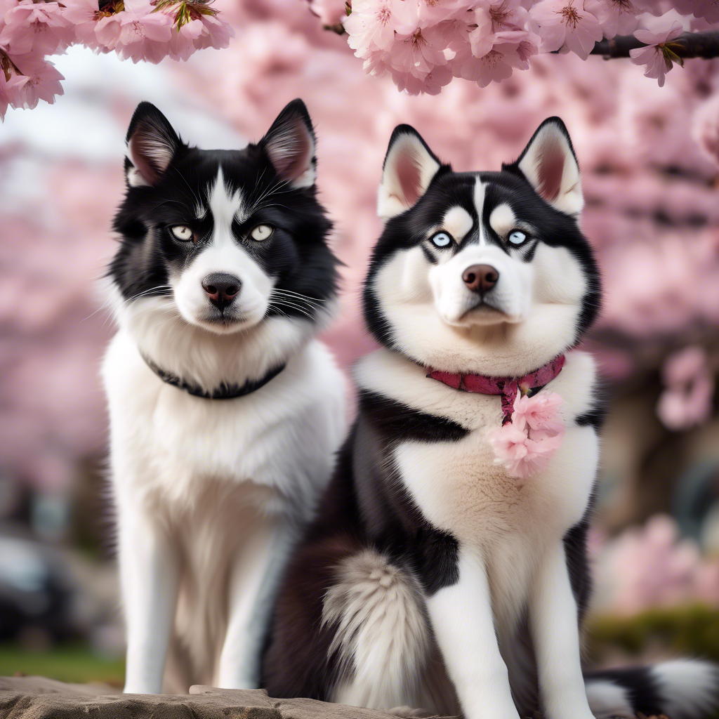 A black and white tuxedo cat and a Siberian husky sitting peacefully under a blooming cherry blossom tree, captured in 8K with vibrant colors and a shallow depth of field.