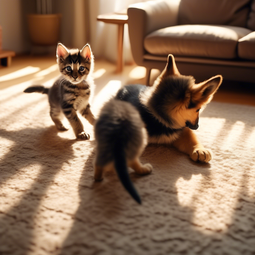 A mischievous kitten and a German shepherd playing together in a sunlit living room, captured in 4K with dynamic camera angles and soft shadows.