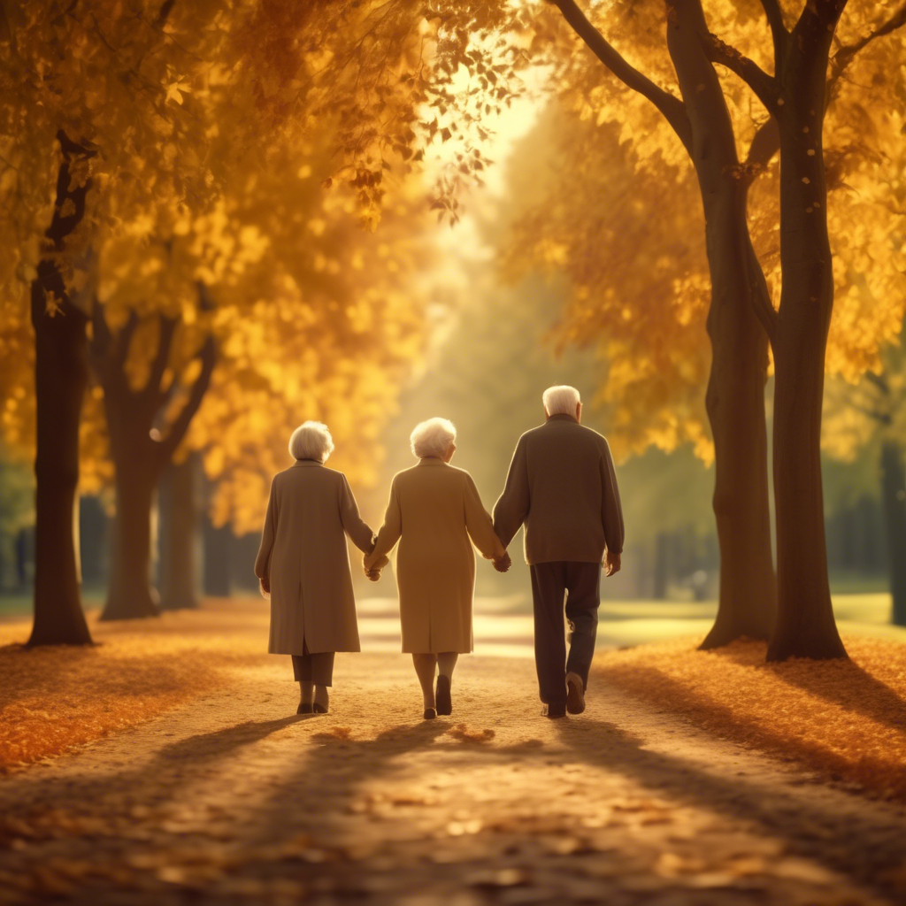 "Senior Couple Walking in a Park" An elderly couple holding hands, walking down a tree-lined path with autumn leaves covering the ground. The scene is serene, with soft golden-hour lighting in 8K resolution.