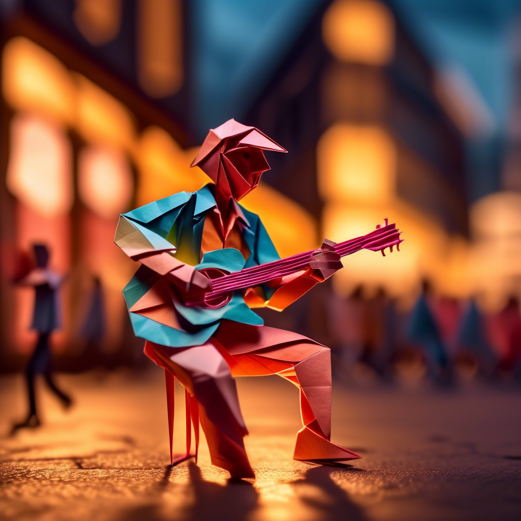 A young guitarist performing on a bustling urban street at sunset. The background features blurred pedestrians and glowing shop lights. Captured in 8K with a cinematic lens, vibrant color tones, and dynamic lighting.