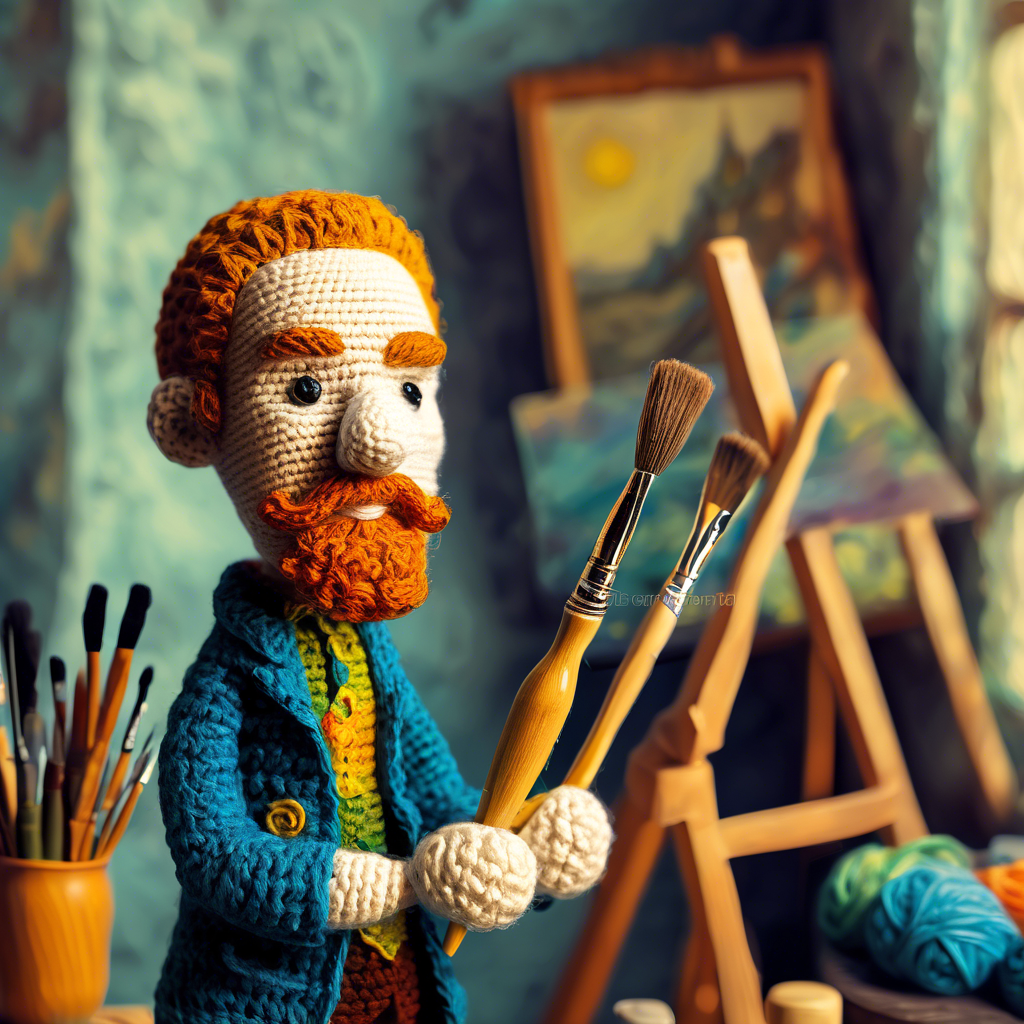 crochet doll of Vincent VanGogh HOLDING PAINTBRUSH in art studio