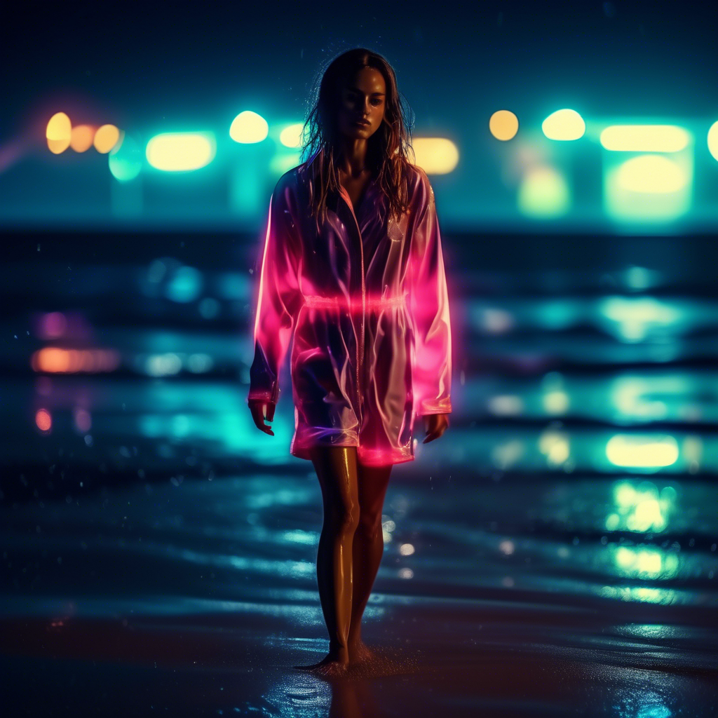 A confident girl in a night wear walking on a beach at night, neon lights reflecting off the wet sand, captured in 4K with a 50mm lens and dramatic lighting.