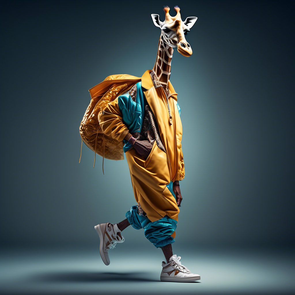 Fashion photography of a anthropomorphic giraffe dressed in large hiphop clothes from 1980s , wearing sneakers , Sony Alpha α7, ISO1900, volumetric lighting,