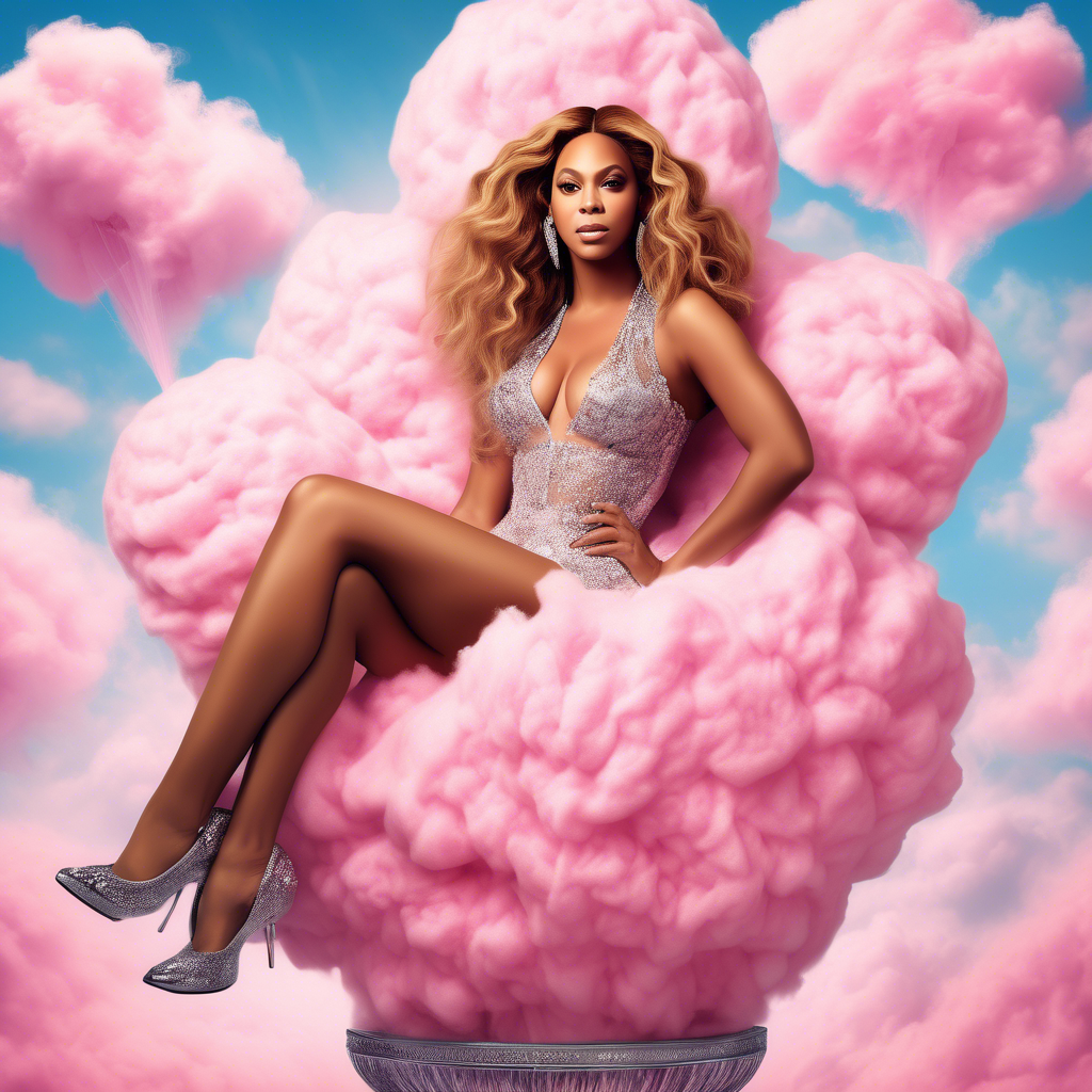 Beyonce sitting on a cotton candy, the photo must be real