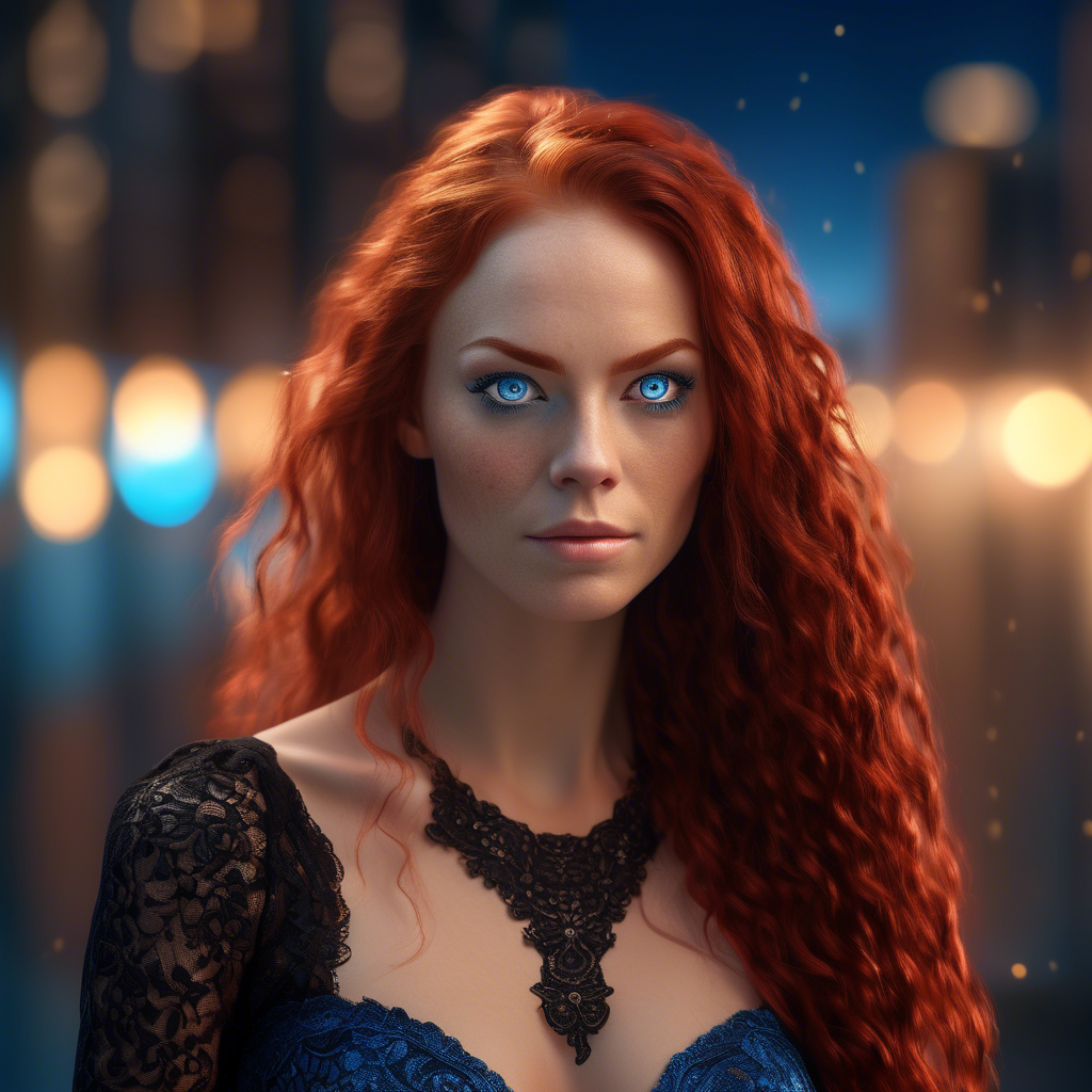 A striking portrait of a woman of Brazilian culture with long, flowing red hair and piercing blue eyes, wearing a sleek black gown with intricate lace details. She stands against a blurred background of sparkling city lights at dusk. Captured in 8K resolution with a 50mm lens, soft bokeh, and warm, soft lighting highlighting her face and hair. The mood is sophisticated and intimate.
