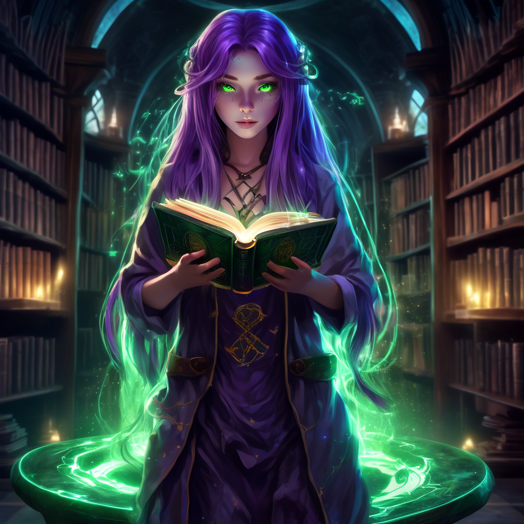 "Mystical Anime Girl with a Spellbook" An anime girl with glowing green eyes and long purple hair, holding an ancient spellbook with magical runes floating around her. The background is a dark, mystical library. Rendered in 8K with soft, glowing lighting.