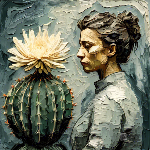 Fusion between Grisaille and Thick impasto, Stunning Portrait art in the style of van gogh model looking at a cactus flower bloom