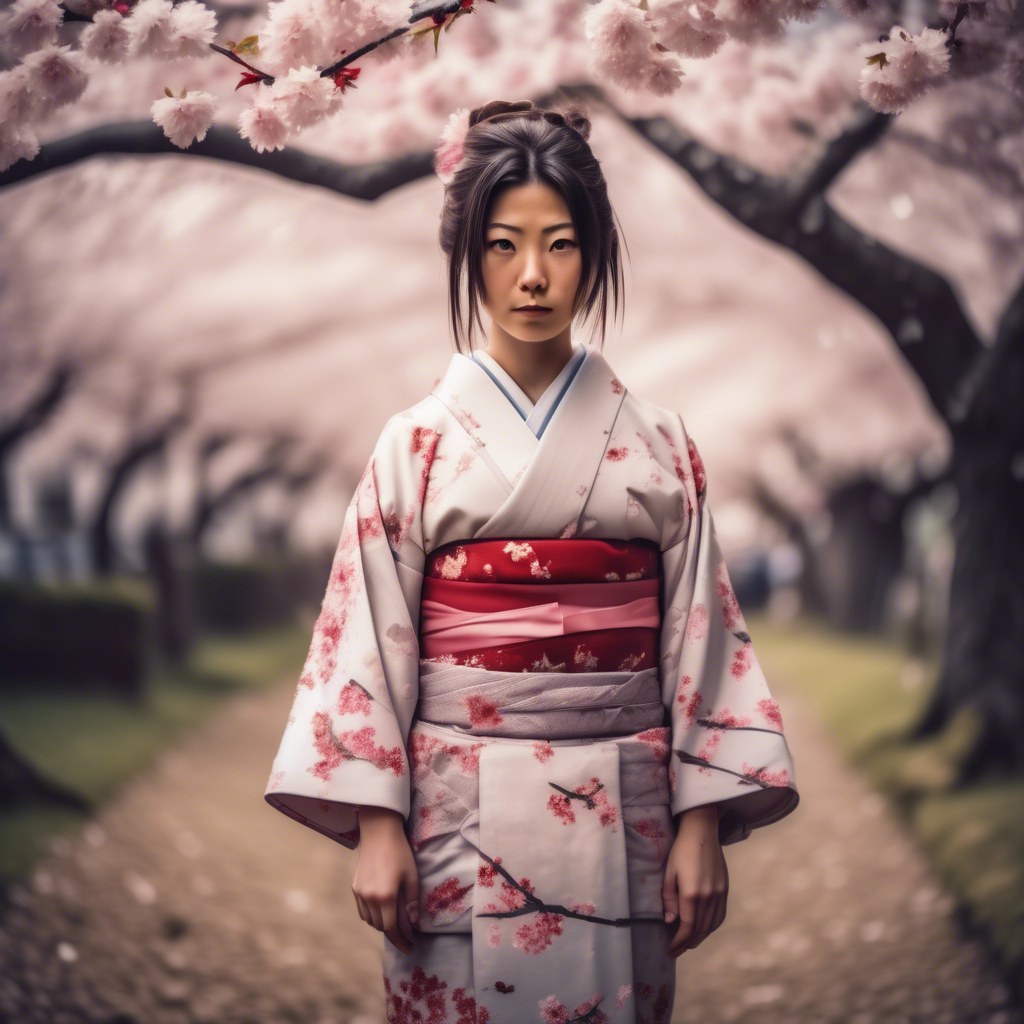 A girl in a traditional Japanese kimono standing under cherry blossom trees, petals falling gently around her, captured in 8K HDR with a telephoto lens.