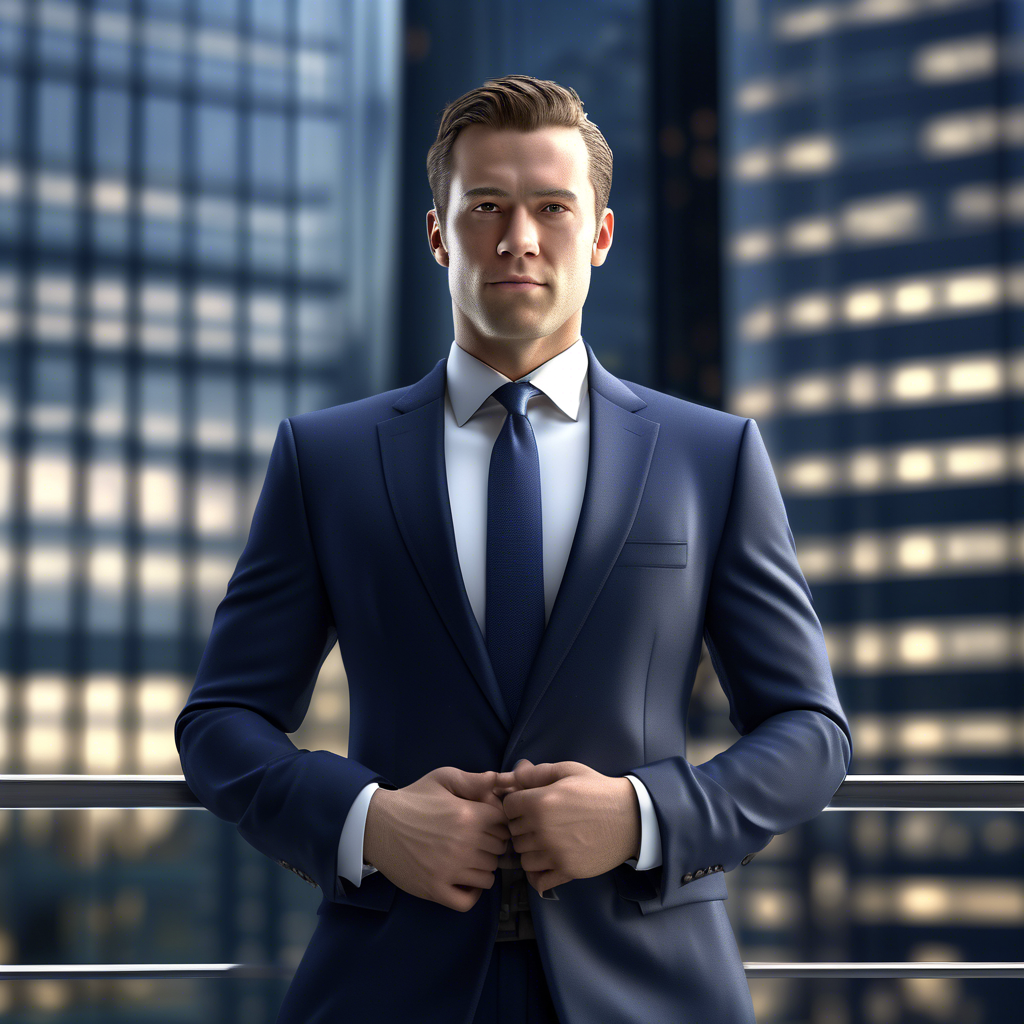 A professional portrait of a confident man in a tailored navy suit with a crisp white shirt and subtle tie, standing in front of a glass skyscraper. The background is blurred, and the lighting is soft and natural. Captured in 8K with a 50mm lens, shallow depth of field, and HDR detail.