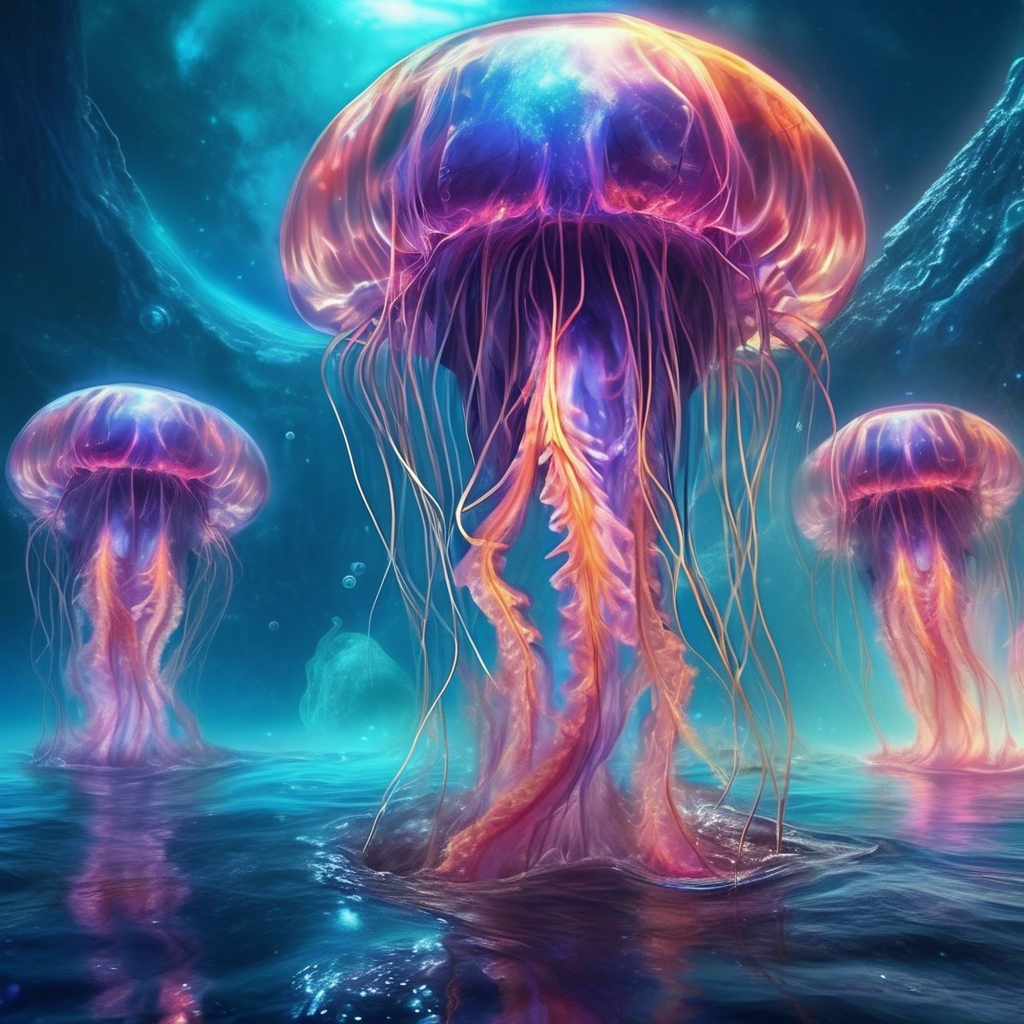 Radioactive jellyfish in a sea of liquid methane, extraterrestrial life forms, gorgeous photorealism, Mesmerizing artwork