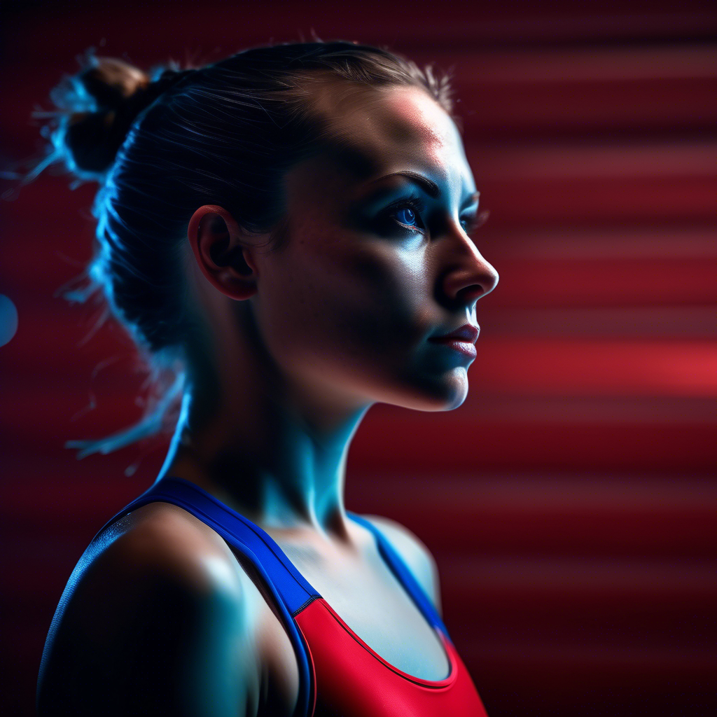 fully body centered portrait photo of a female swimmer make up, blue on red, side profile, looking away, serious eyes, 50mm portrait photography, hard rim lighting photography--beta the photo must be real