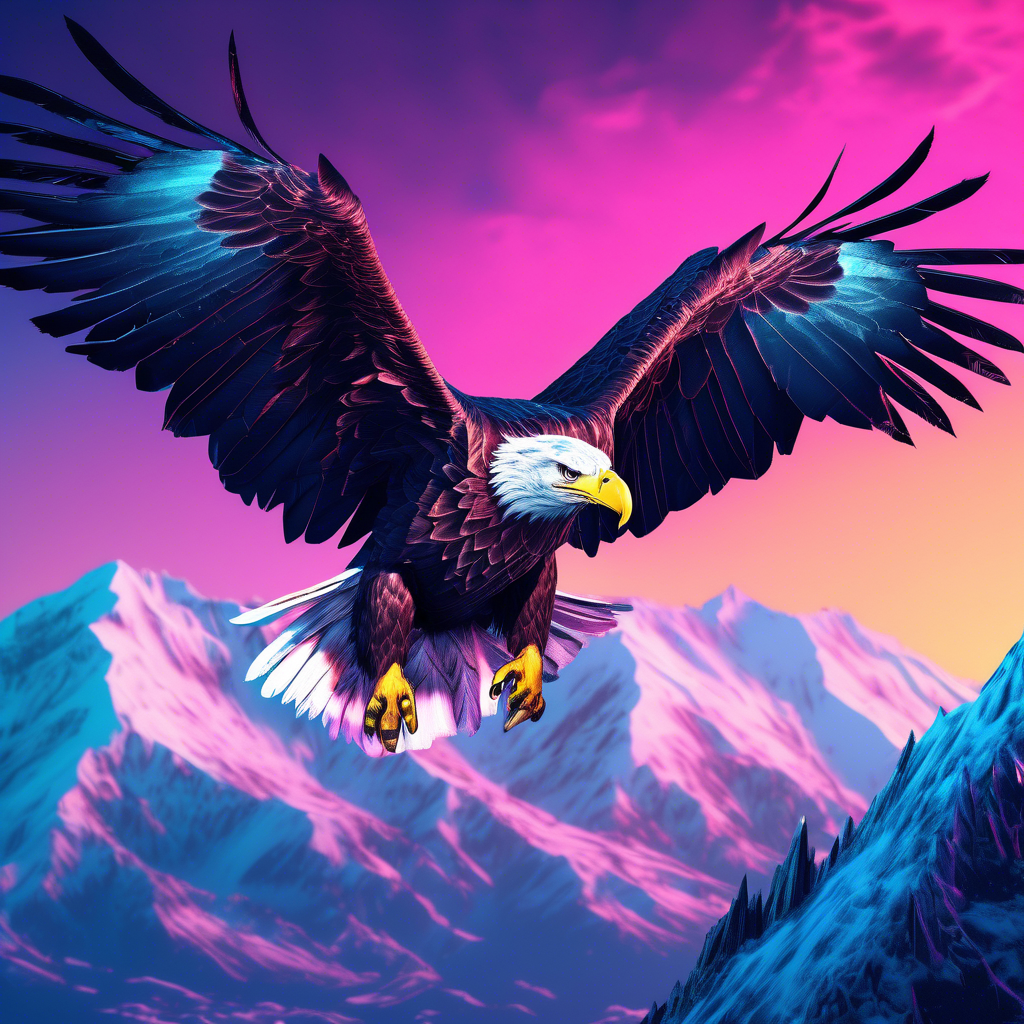 "Majestic Bald Eagle in Flight" A close-up of a bald eagle soaring over a mountain range, with its wings fully extended and feathers sharply detailed. The background features a clear blue sky and snowy peaks. Rendered in 8K with high contrast and dramatic lighting.