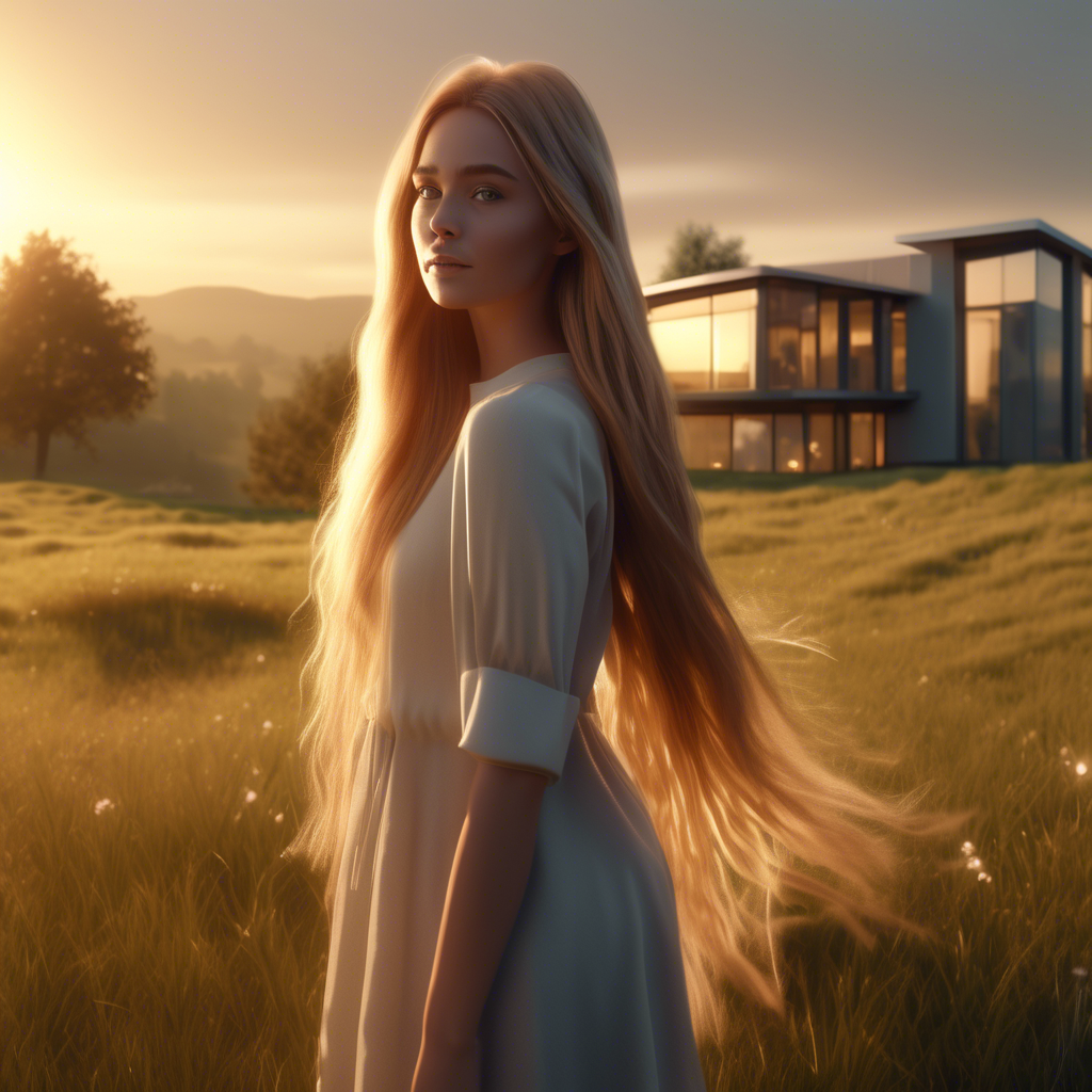 A beautiful girl with long flowing hair, standing in a meadow during golden hour, the sunlight softly illuminating her face, captured with a 4K ultra-wide lens, shallow depth of field, and cinematic color grading. A modern glass house with sleek architecture, sitting atop a misty hill during early morning, captured in 4K with dramatic lighting and a wide-angle lens. A cat and dog lying side by side on a green lawn, with colorful flowers in the background, captured in 8K using a macro lens for detailed fur textures.