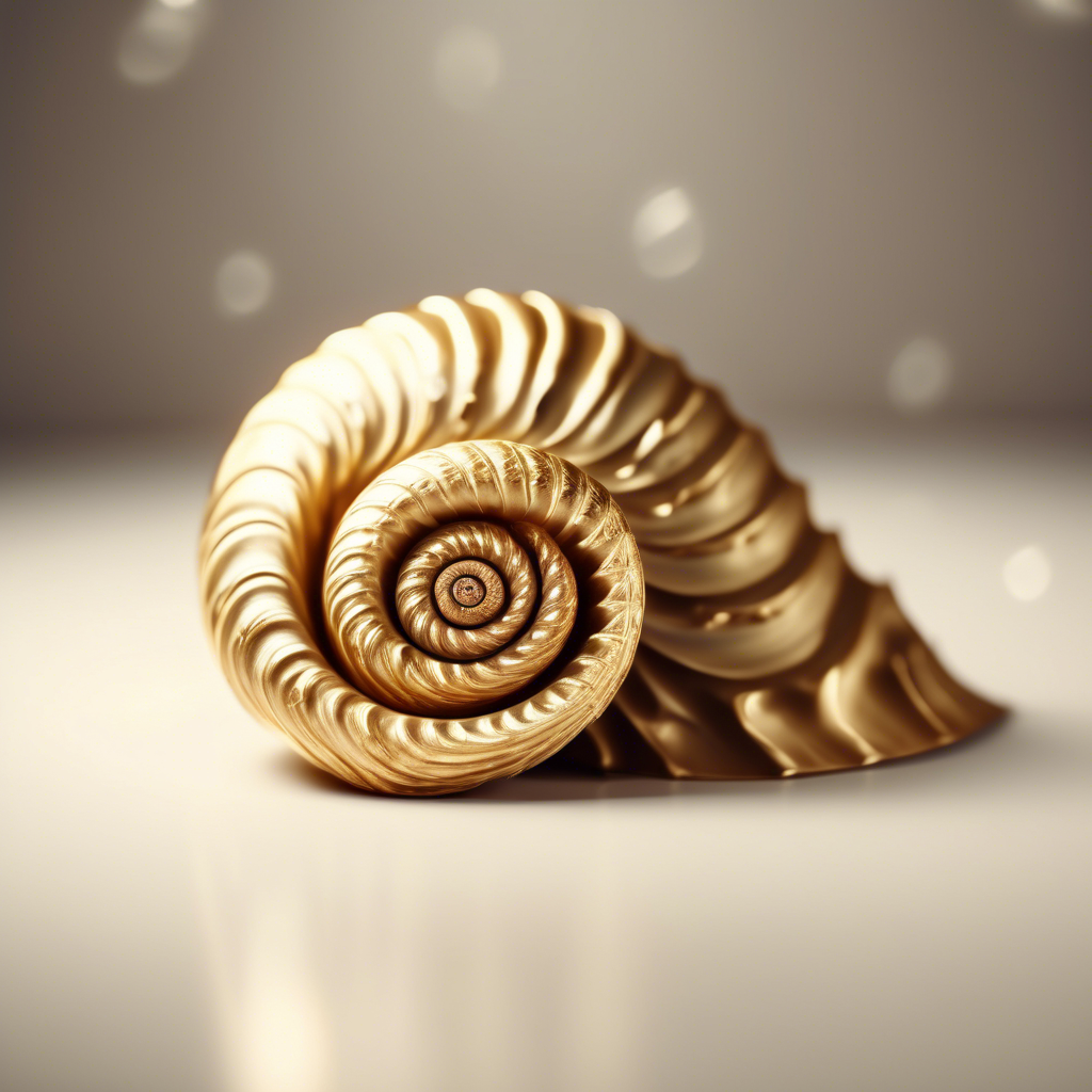A swirling golden shell with intricate Fibonacci spirals, illuminated by soft ambient light in a minimalistic white background