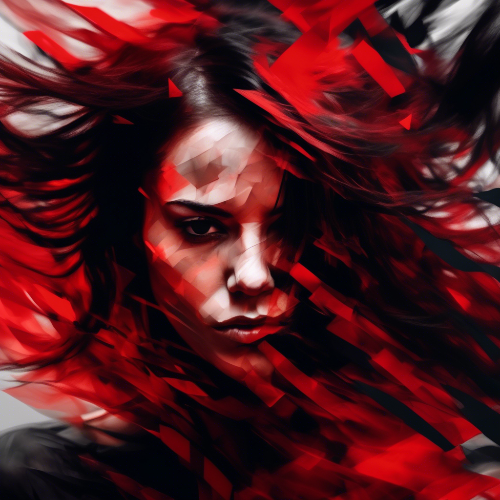 abstract female portrait,undefined hair,red and black color palette,blurred boundaries,upper body,fragmented visual style,evokes feelings of rebellion and passion