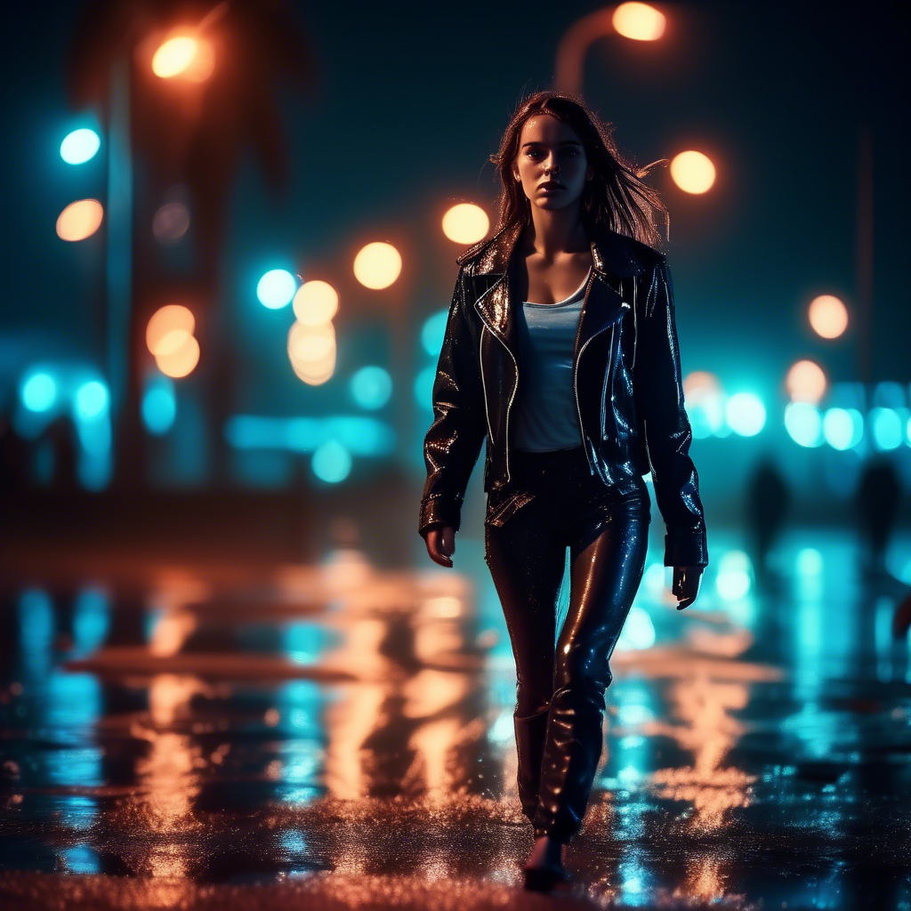A confident girl in a leather jacket walking on a beach at night, neon lights reflecting off the wet pavement, captured in 4K with a 50mm lens and dramatic lighting.