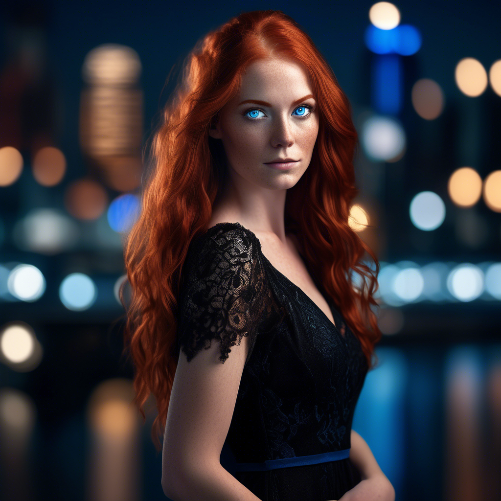 A striking portrait of a woman with long, flowing red hair and piercing blue eyes, wearing a sleek black gown with intricate lace details. She stands against a blurred background of sparkling city lights at dusk. Captured in 8K resolution with a 50mm lens, soft bokeh, and warm, soft lighting highlighting her face and hair. The mood is sophisticated and intimate.