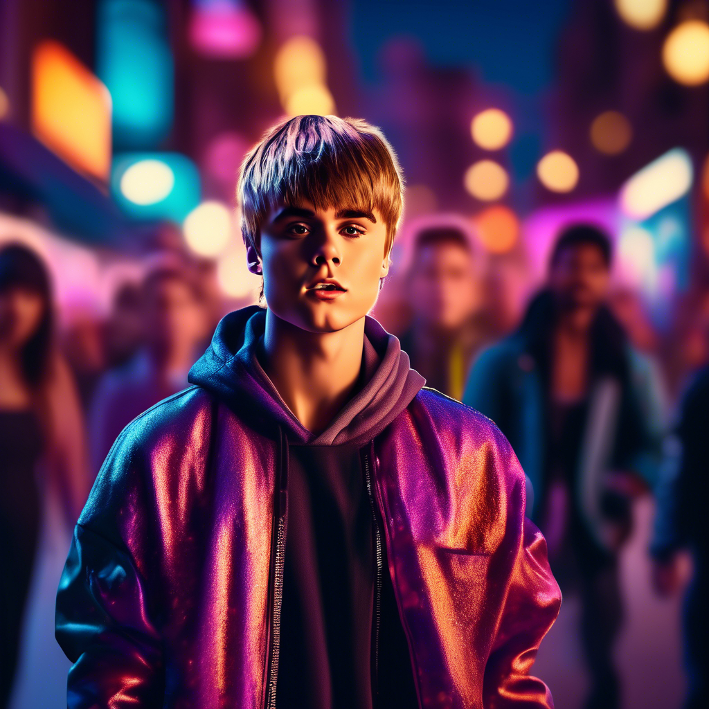 justin beiber performing on a bustling urban street at sunset. The background features blurred pedestrians and glowing shop lights. Captured in 8K with a cinematic lens, vibrant color tones, and dynamic lighting.