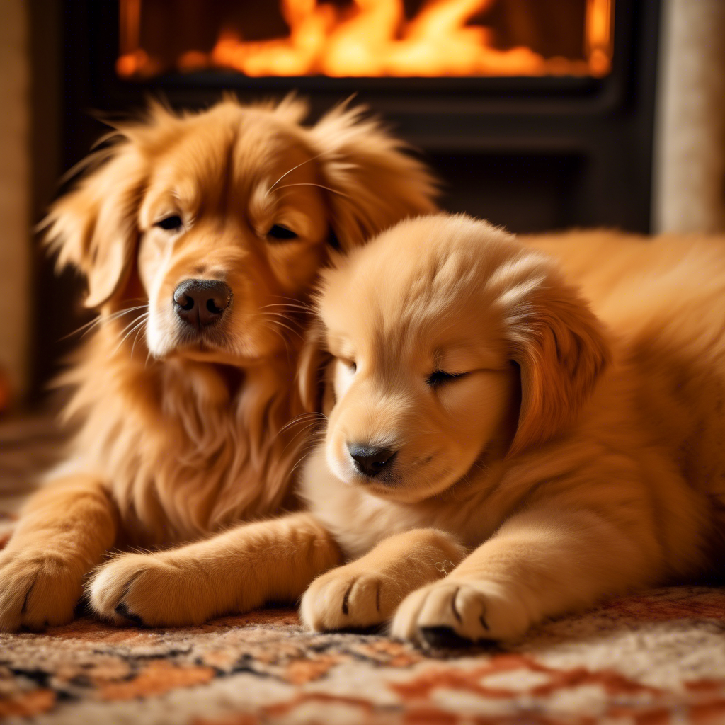 A fluffy orange cat and a golden retriever puppy cuddling together on a soft rug in front of a fireplace, captured in 4K with a 50mm lens and cozy, warm lighting.