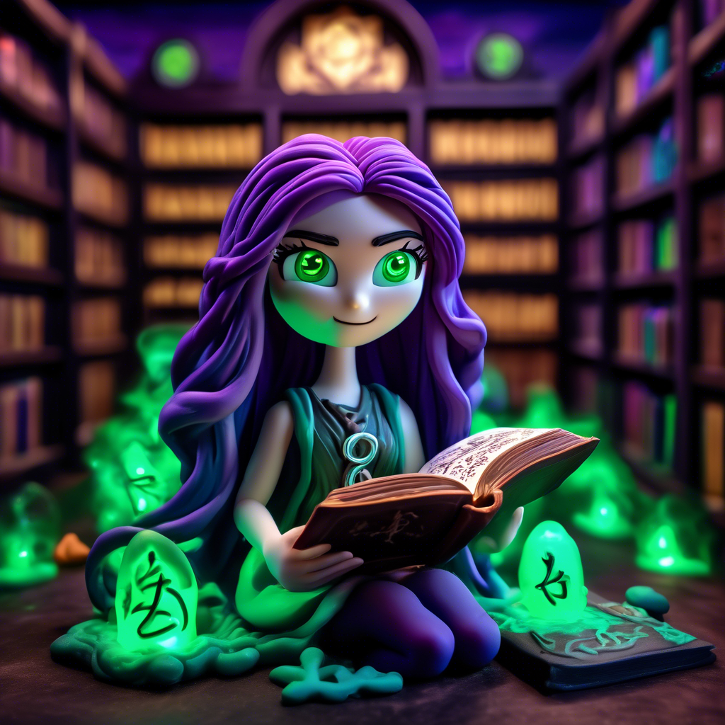 "Mystical Anime Girl with a Spellbook" An anime girl with glowing green eyes and long purple hair, holding an ancient spellbook with magical runes floating around her. The background is a dark, mystical library. Rendered in 8K with soft, glowing lighting.