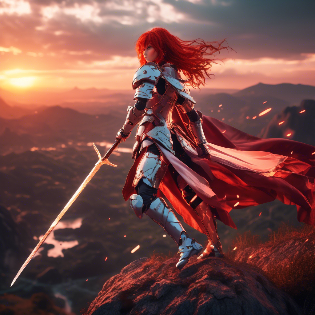 "Warrior Anime Girl in Battle Armor" A strong anime girl with flowing red hair, wielding a massive sword. She wears futuristic battle armor, standing atop a cliff overlooking a battlefield at sunset. Captured in 8K with dramatic lighting and vivid detail.