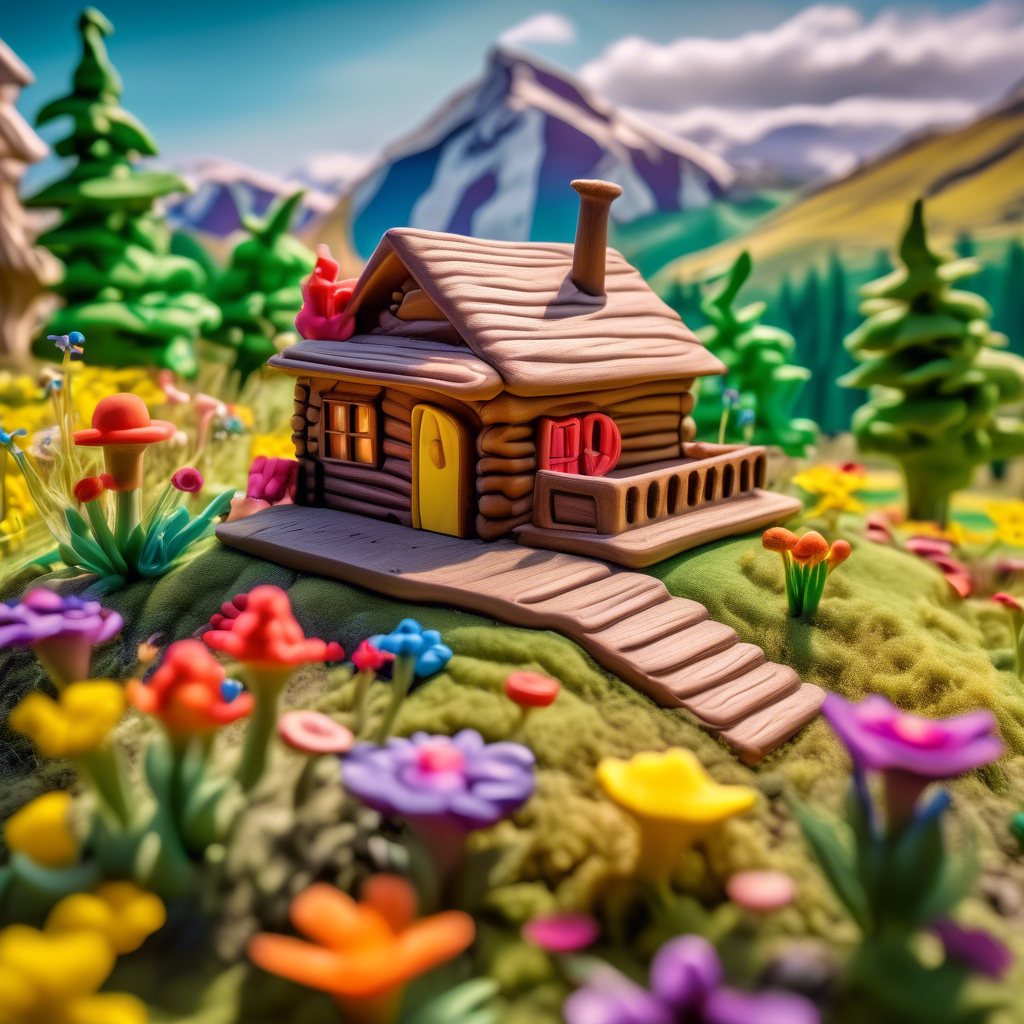 A cozy wooden cabin perched on a grassy hill, surrounded by wildflowers, with a picturesque mountain range in the background, captured in 8K with a 24mm lens and vivid HDR settings.