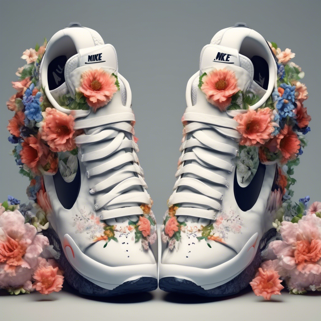 sneakers with silicone soles, nike logo in the shoe, design, flowers, insanely detailed, 8k --ar 4:5