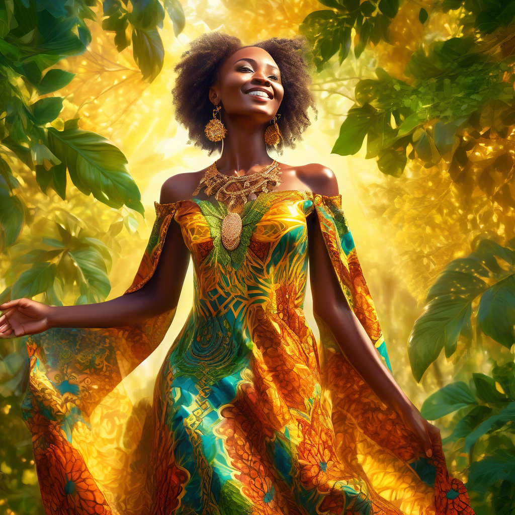 A joyful woman wearing a vibrant Ankara fabric dress with intricate patterns, adorned with golden jewelry. She stands outdoors with a sunny background of lush green foliage. 8K resolution with warm, natural lighting.