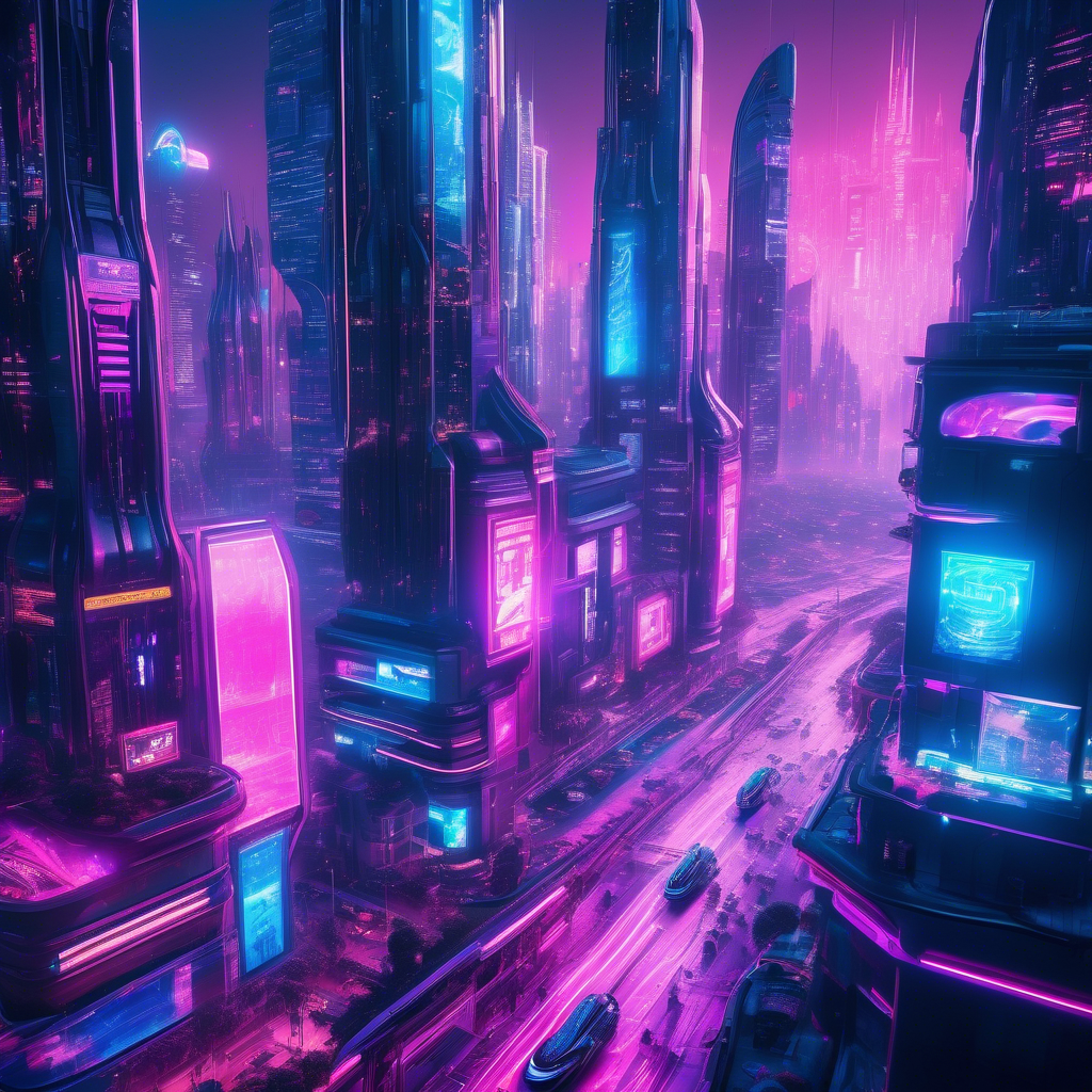 A sprawling futuristic city illuminated by neon lights in shades of blue, pink, and purple. Flying cars zip through the air, and towering skyscrapers feature holographic advertisements. The streets below are bustling with people in cyberpunk-inspired clothing. Captured in 8K resolution with a 35mm lens, shallow depth of field, and cinematic lighting. The atmosphere is energetic and vibrant.